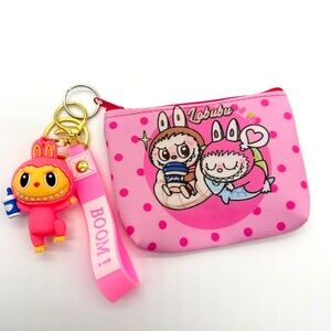 Labubu Inspired Pink Coin Purse Keychain Kawaii Mini Zipper Pouch Charm